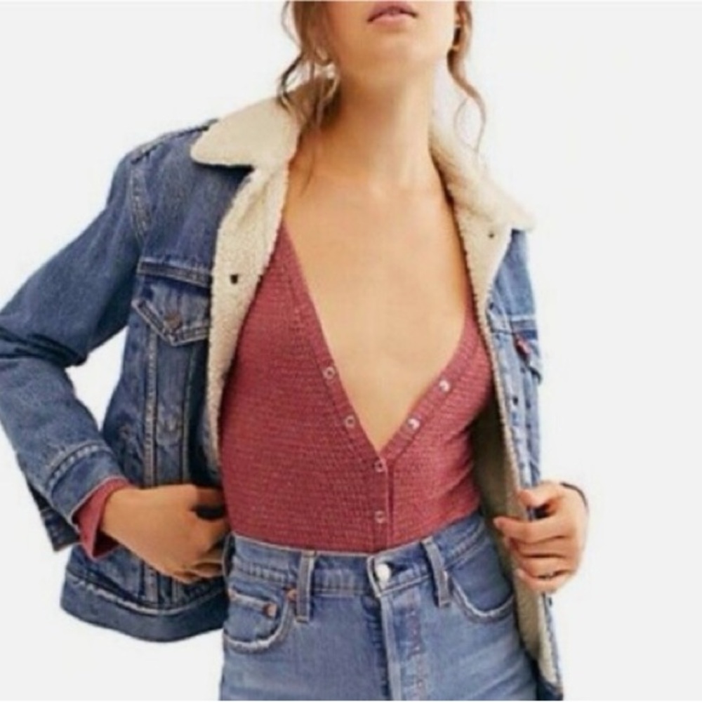 Free People Mauve Ribbed Deep V Bodysuit